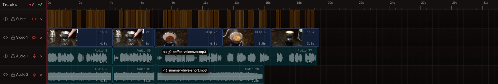 The same timeline after the cut: the filler word and the restarted sentence are gone and every track has closed up.