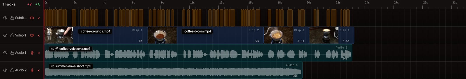 The narration on the timeline before the cut: one continuous take with its captions, footage and music.