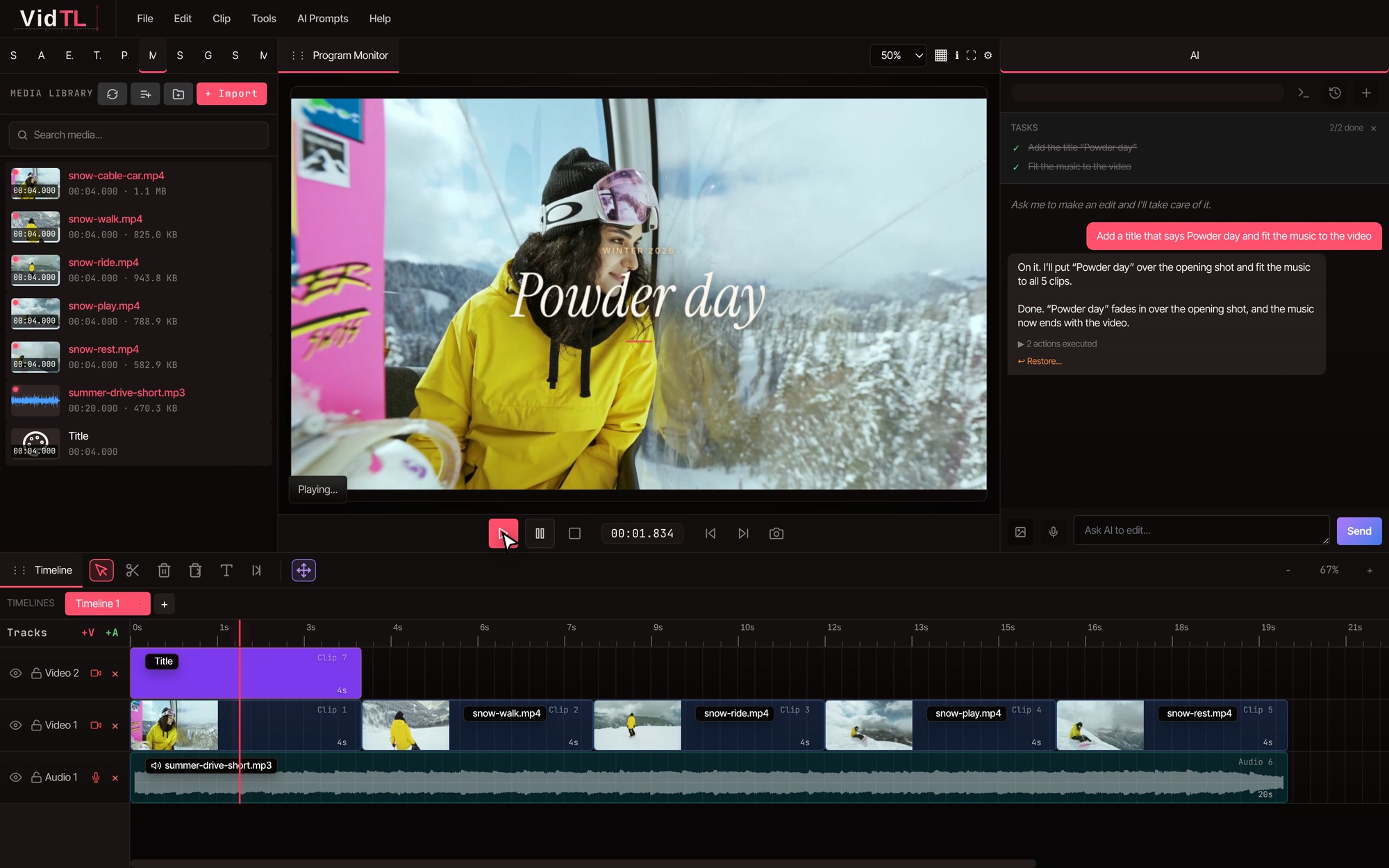 The VidTL editor with a snowboarding video on its timeline: media library, preview with a title over the footage, AI panel and a multi-track timeline.