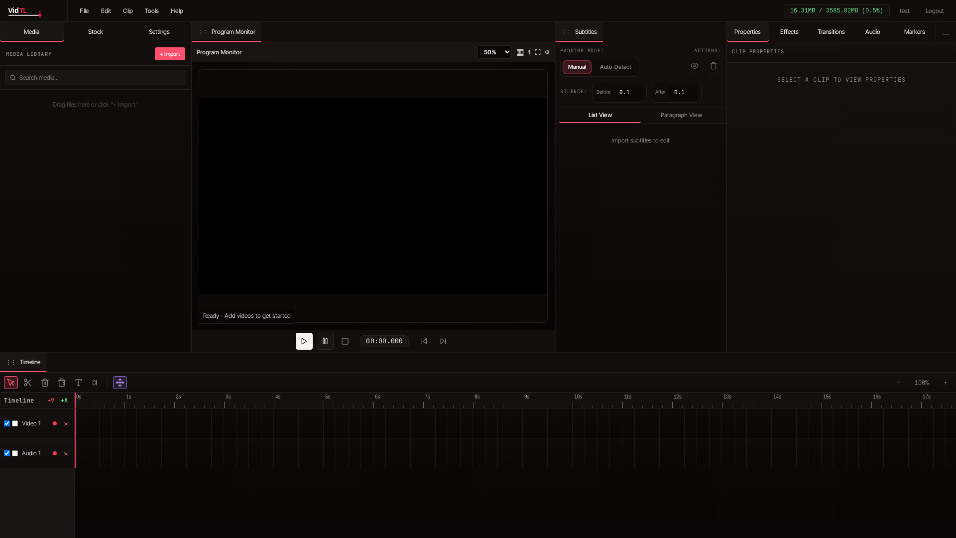 VidTL empty editor interface with media library, preview monitor, and timeline ready for import