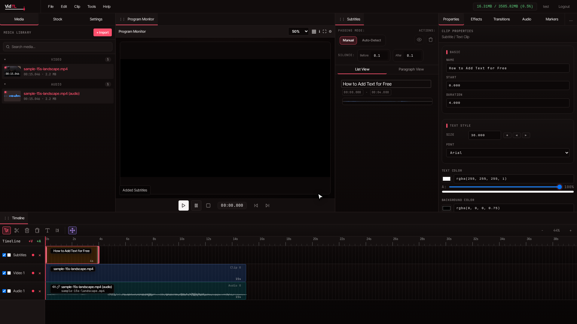 Text tool selected in VidTL and first text overlay added to video frame and timeline