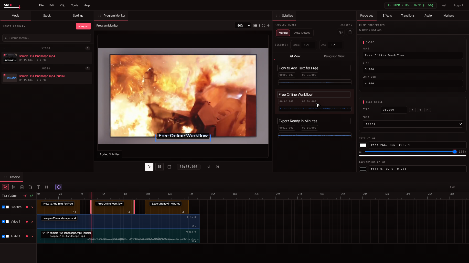 Timeline view in VidTL showing text clip timing and trimming for precise on-screen duration