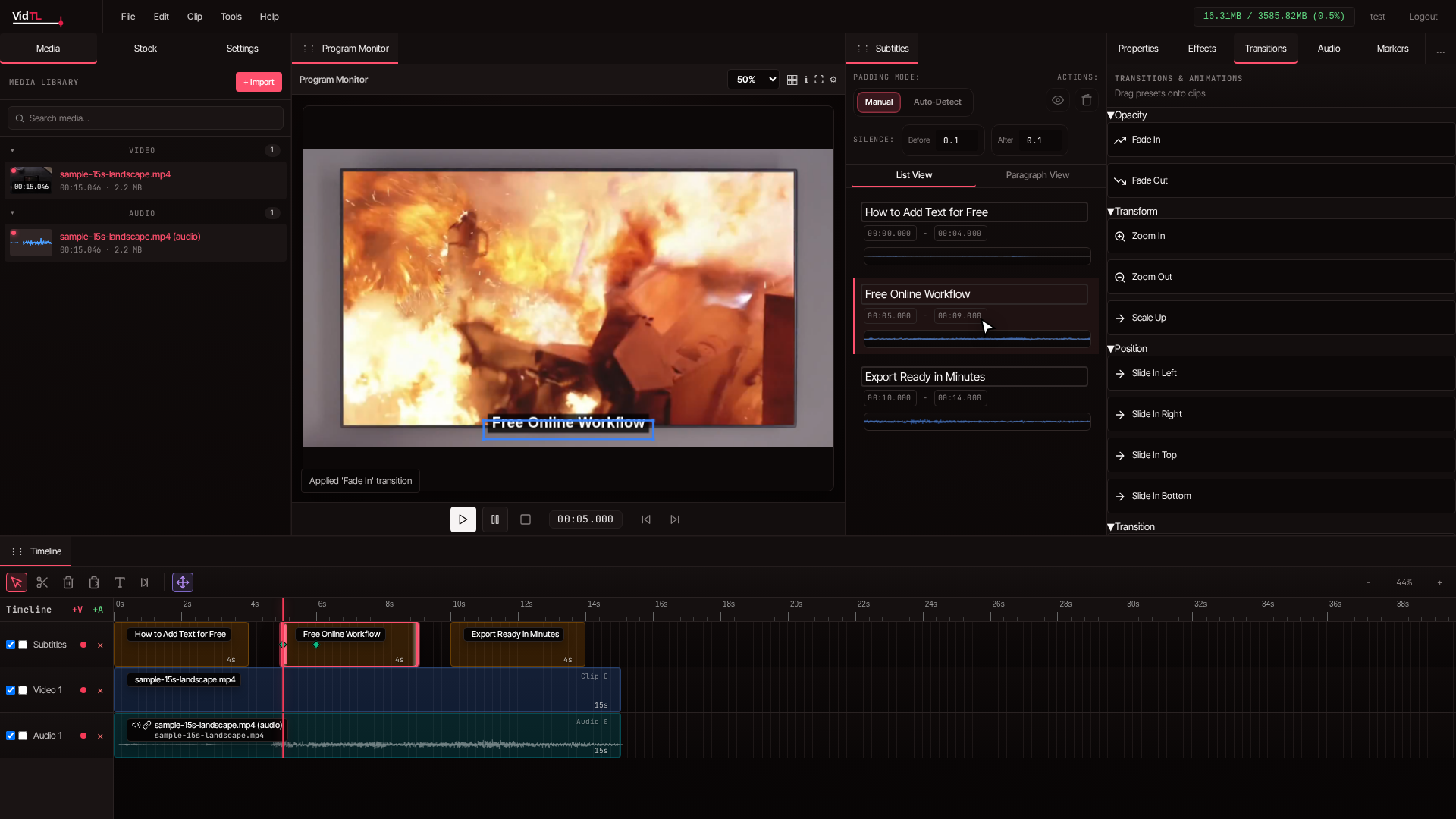 Transitions panel in VidTL used to add subtle animation to selected text clip
