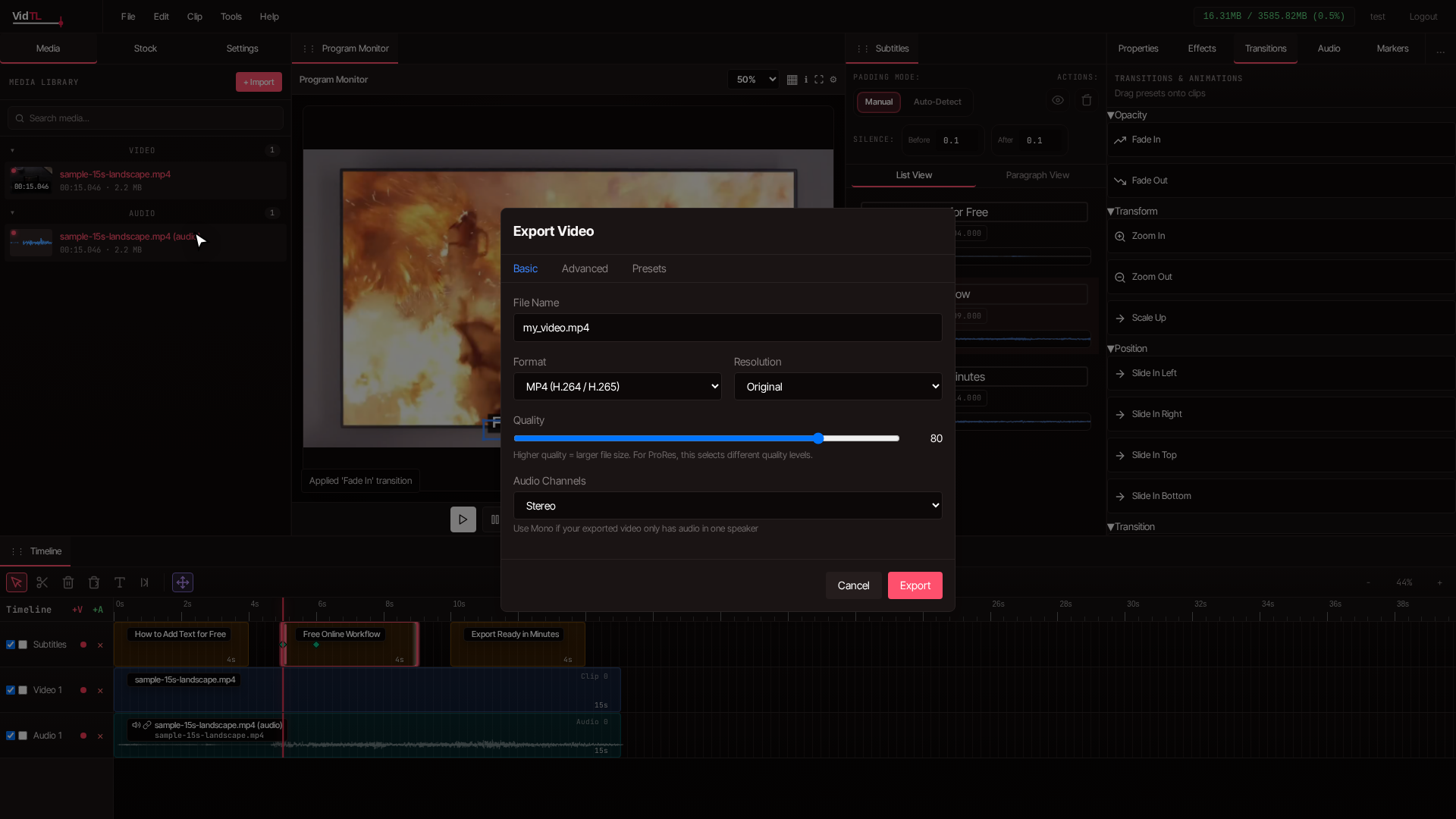 VidTL export video settings for final text overlay project