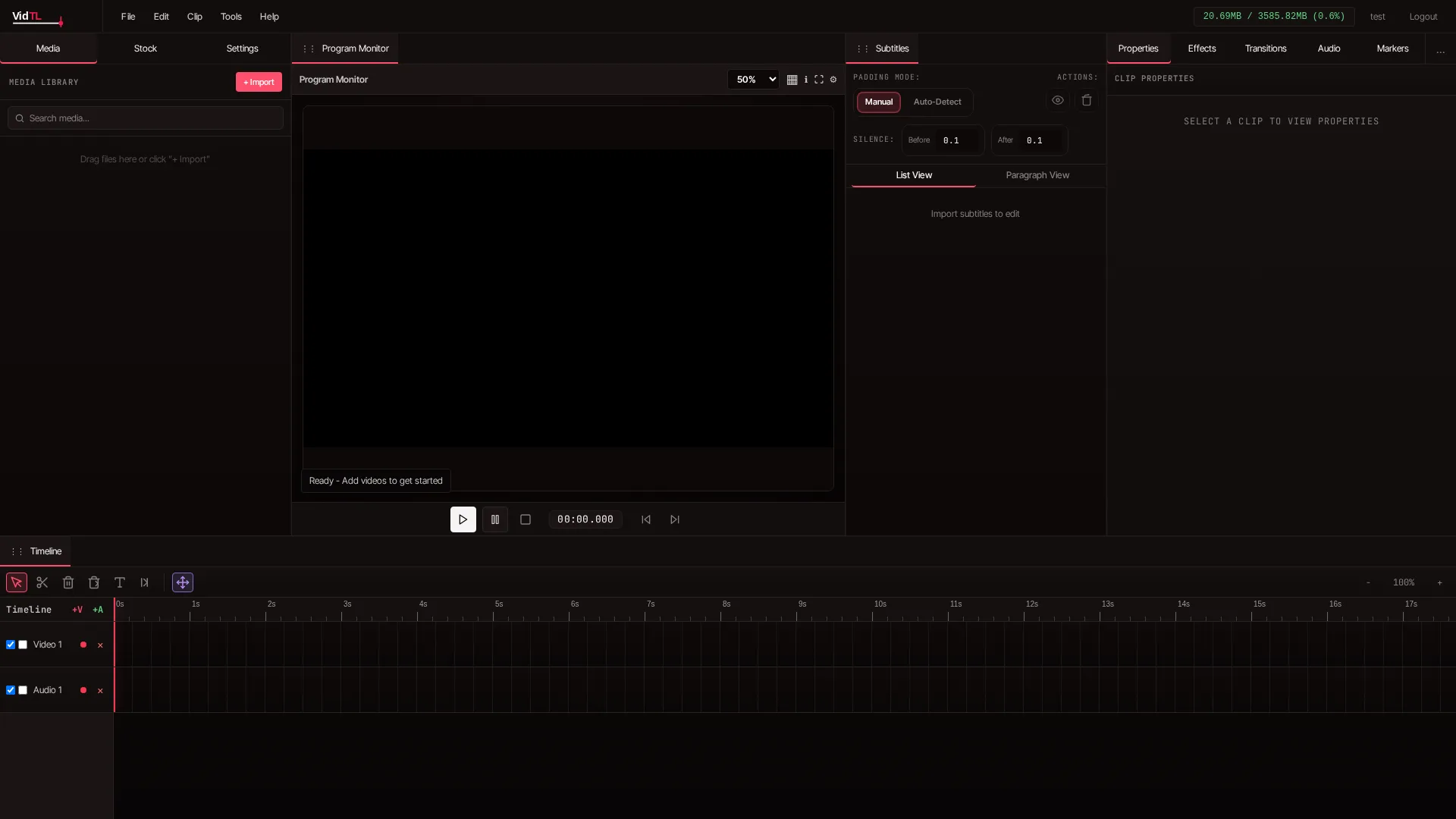 VidTL editor with Media tab open, Media Library populated, and Import button visible