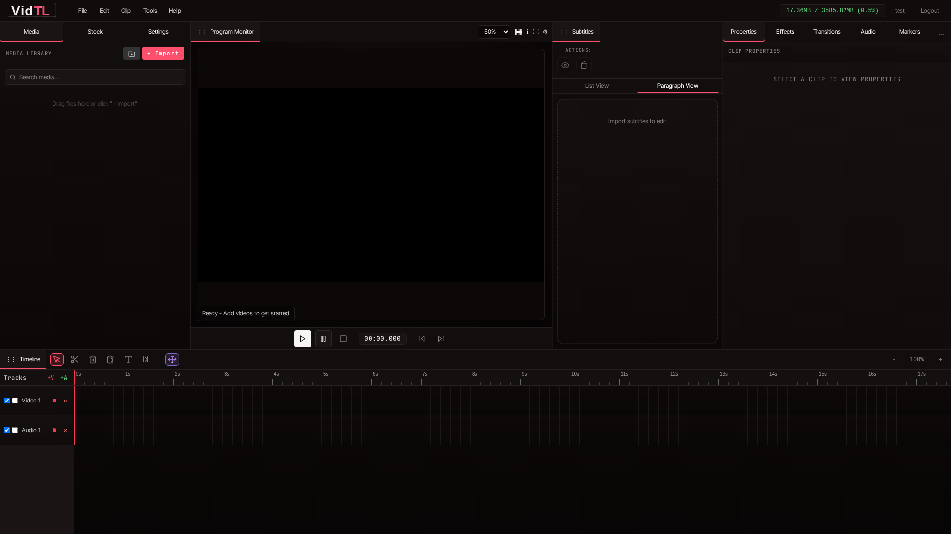 VidTL editor open with Media panel, import button, timeline, and properties sidebar visible before adding video