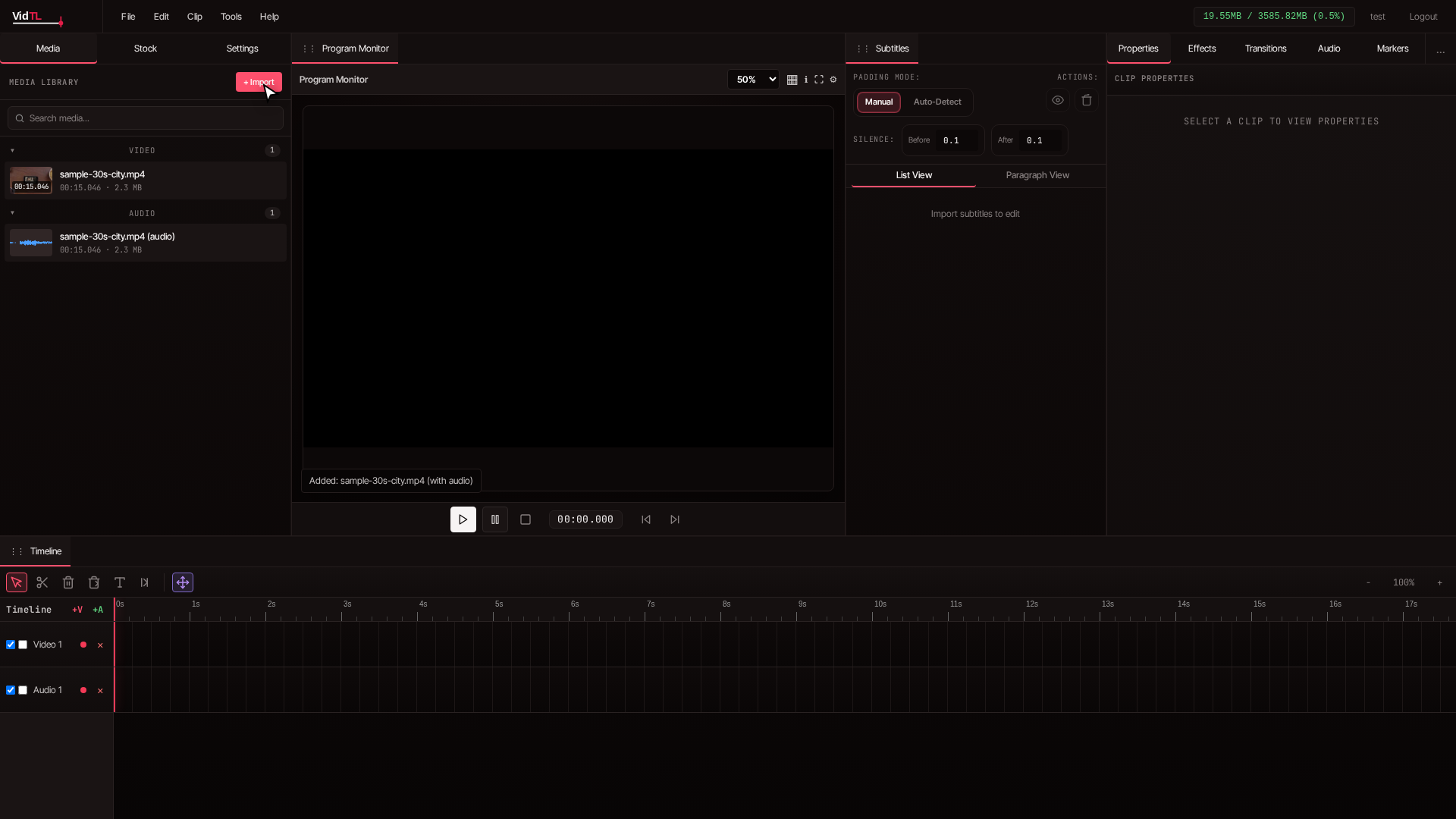 Import media button in VidTL editor with file selection dialog