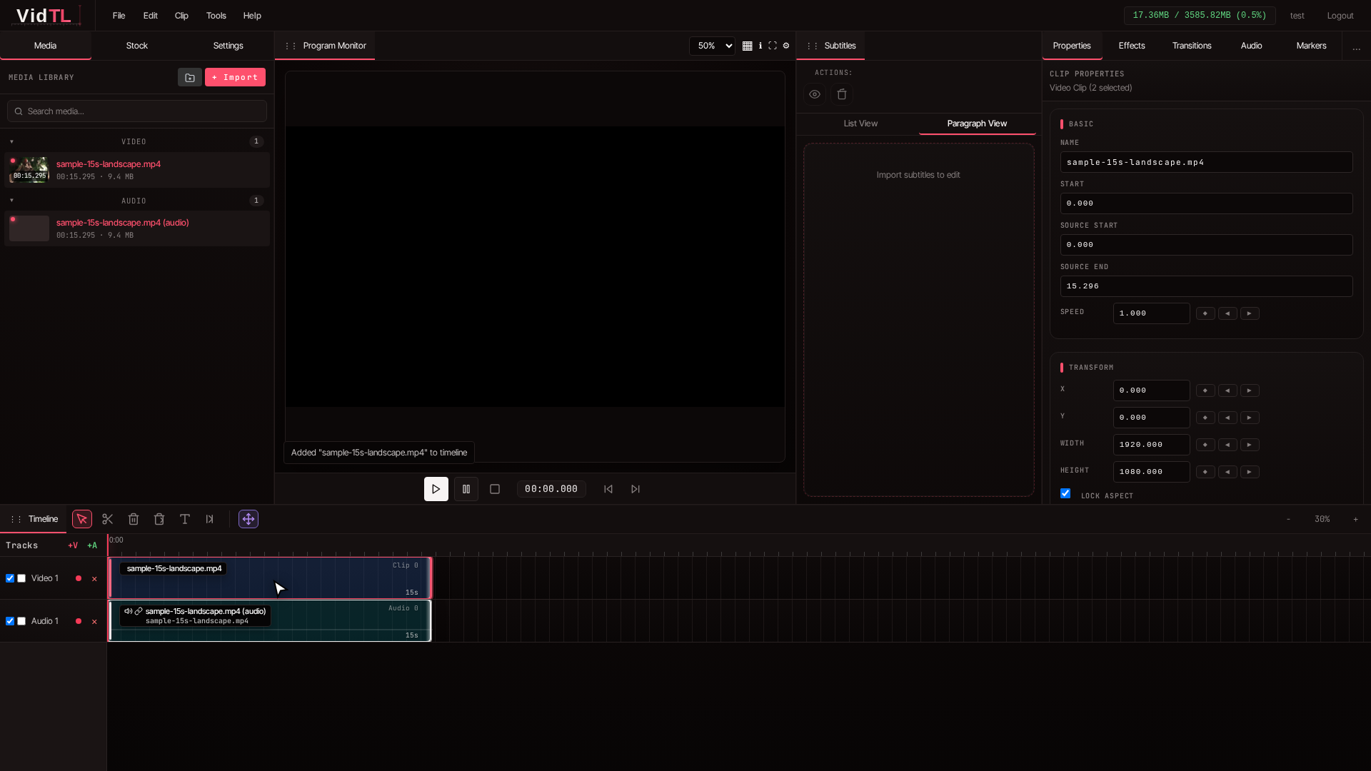 Timeline clip selected in VidTL before adjusting brightness