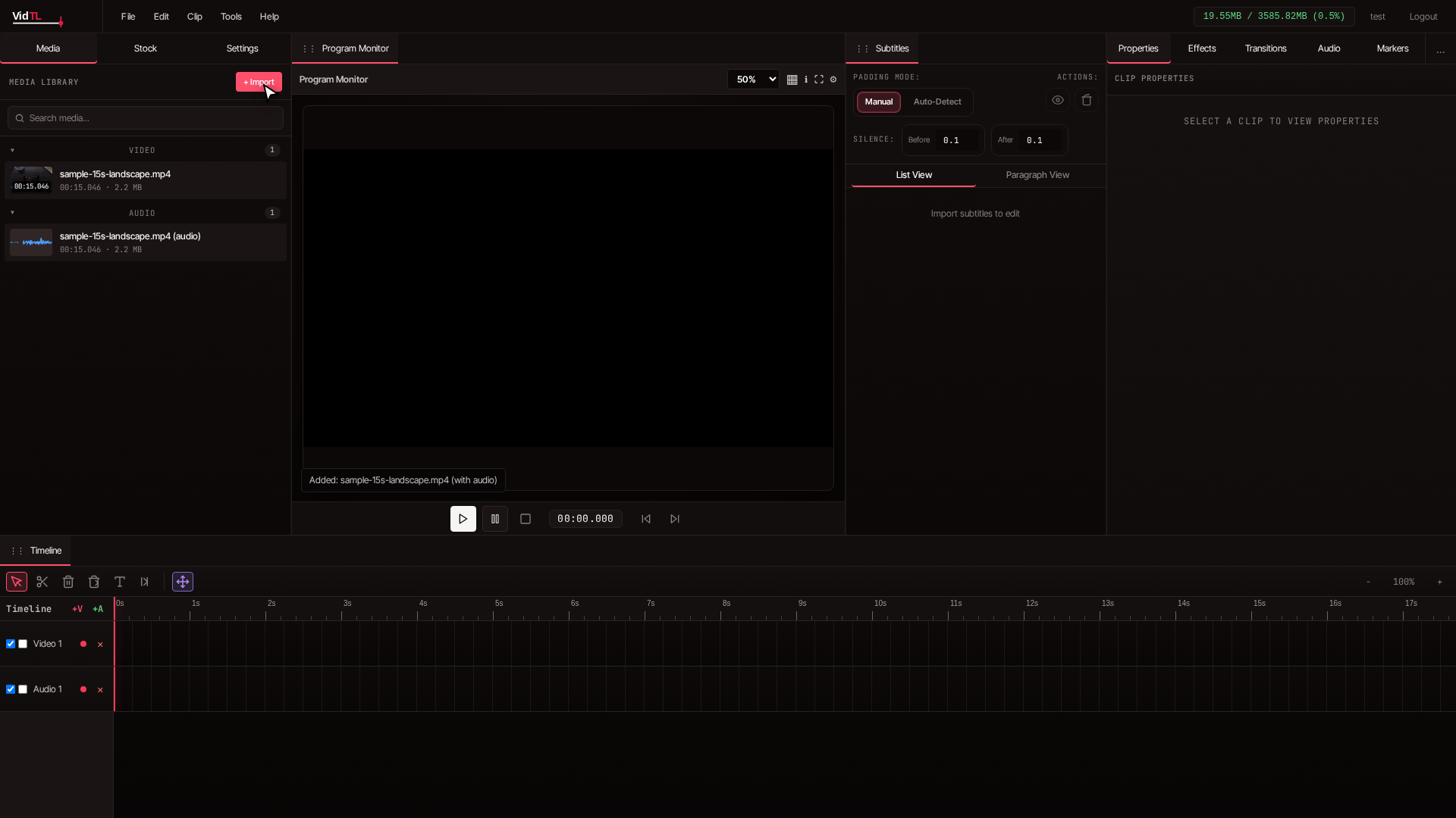Imported video file appearing in VidTL media library panel