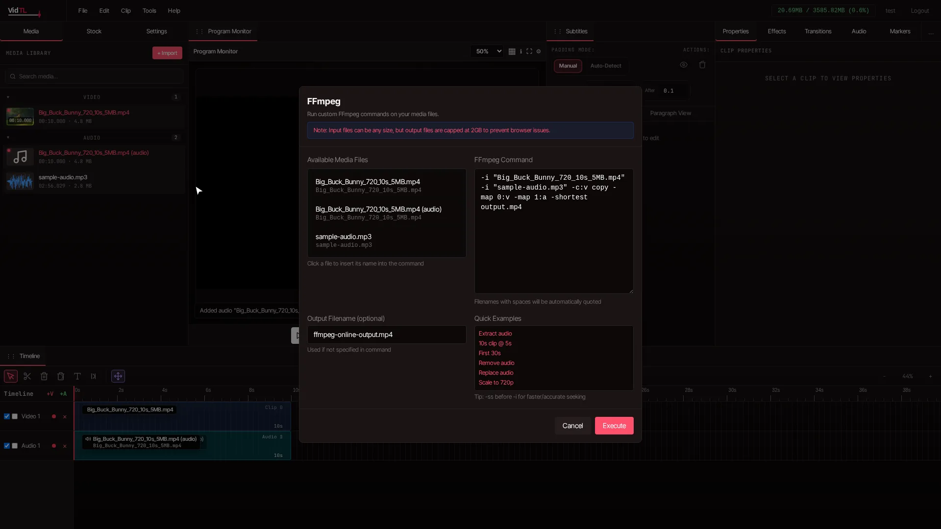FFmpeg dialog in VidTL with command box, media files list, and quick examples