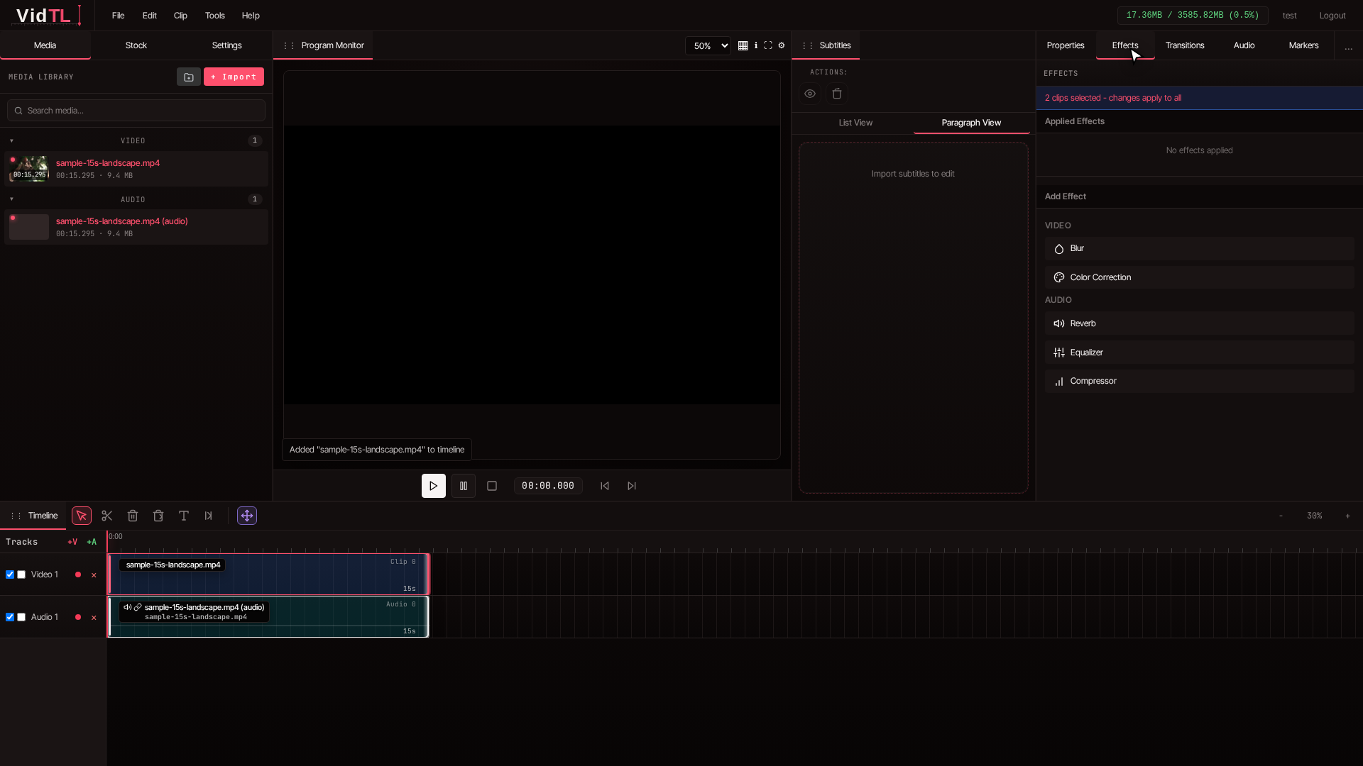 Effects panel opened in right sidebar ready for brightness adjustment