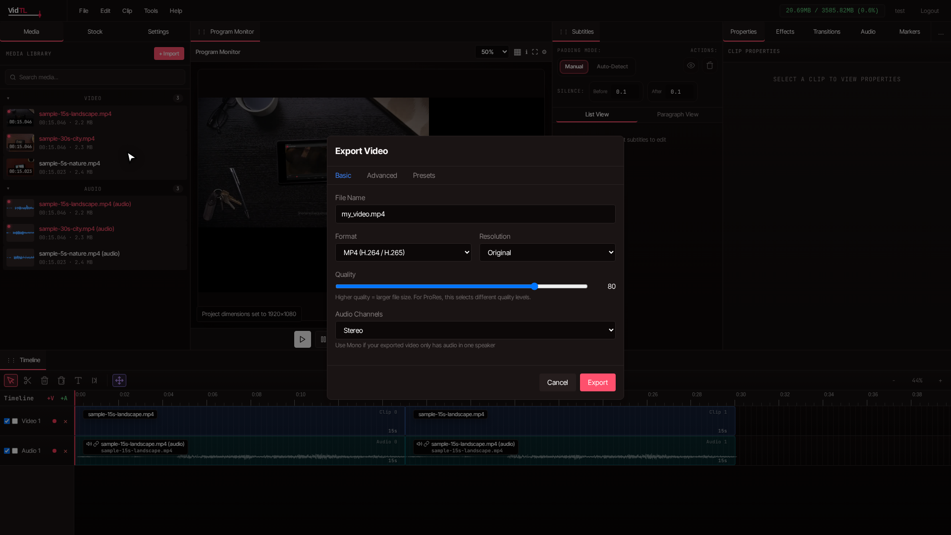 Export Video dialog showing quality settings