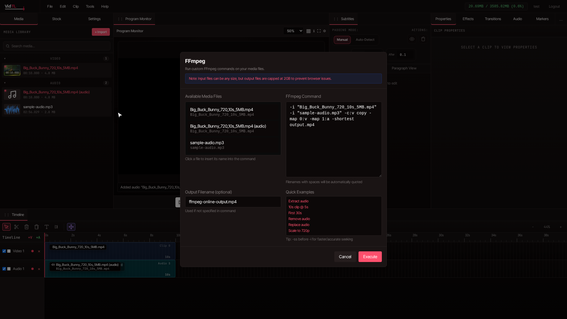 FFmpeg dialog in VidTL with command box, media files list, and quick examples