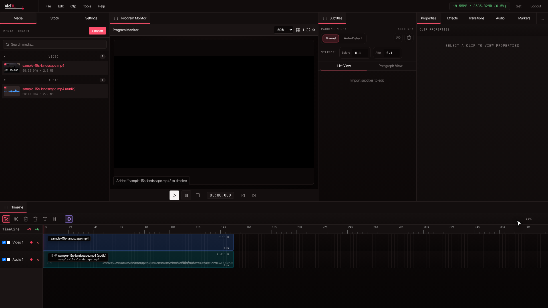 Video clip added to VidTL timeline with audio waveform visible