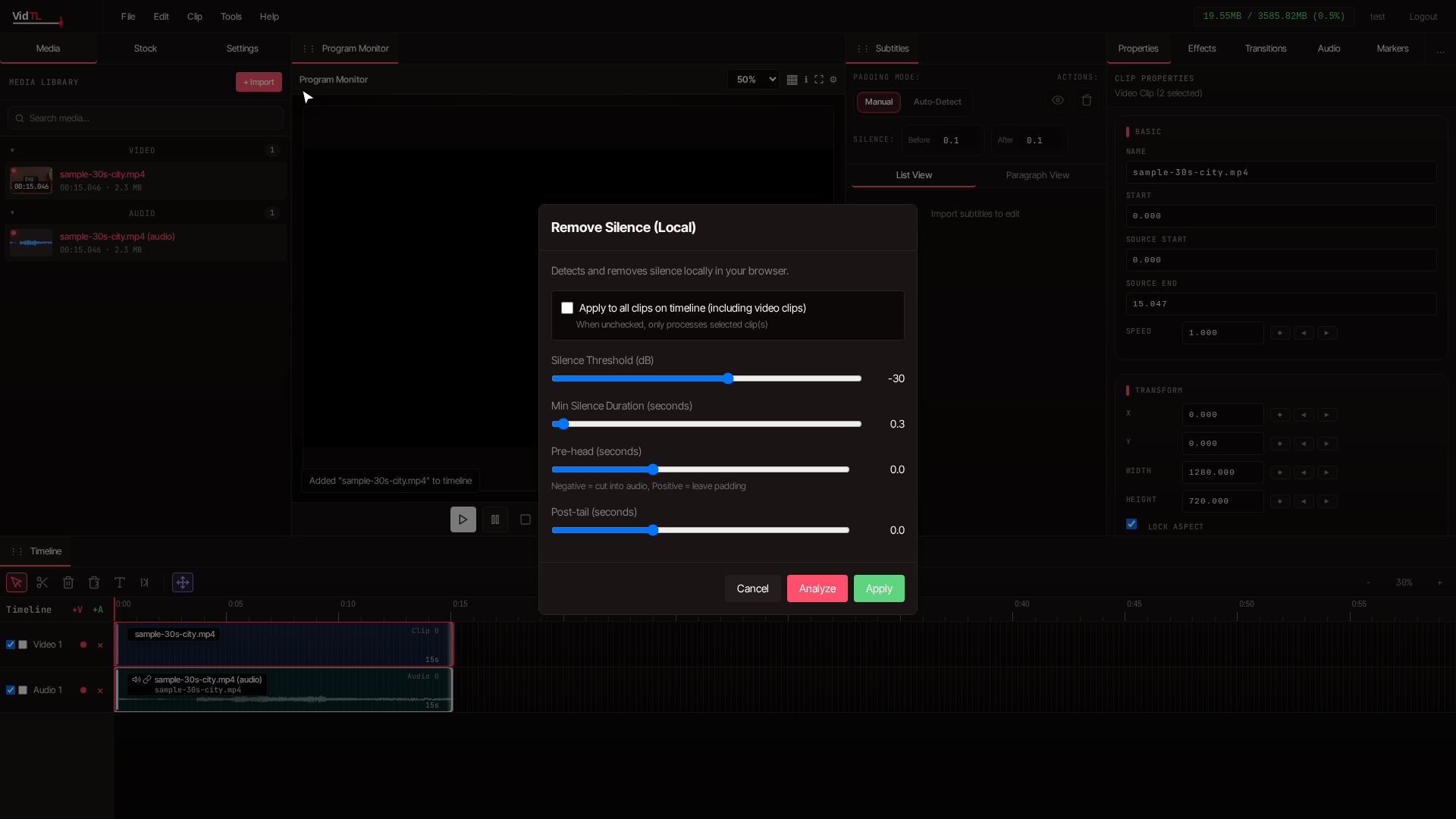 Tools menu expanded with Remove Silence option highlighted