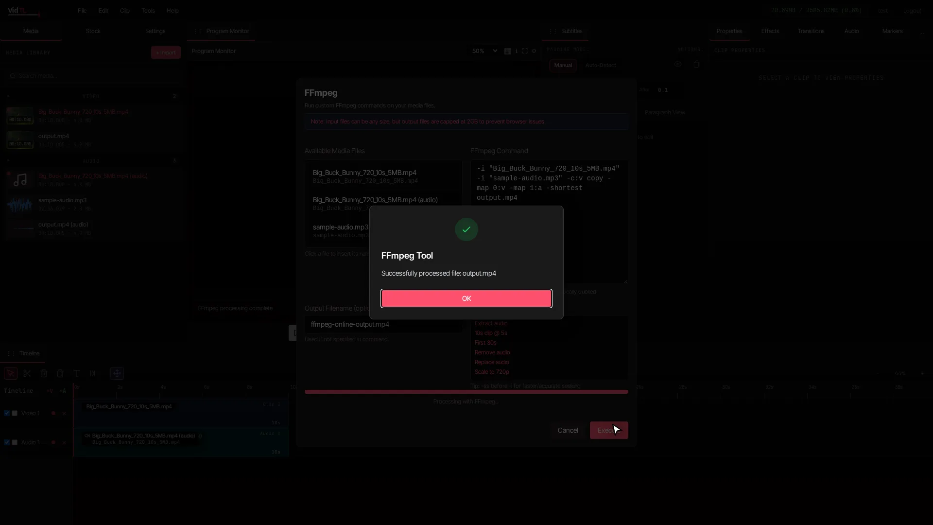 VidTL FFmpeg processing state with visible progress bar