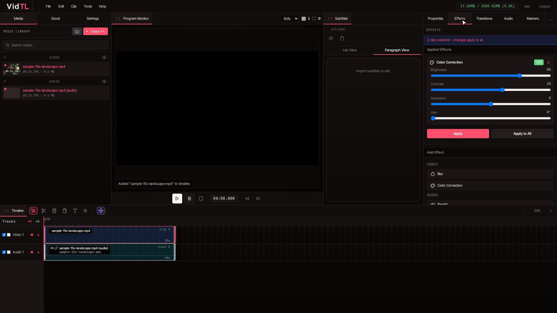 Brightness slider adjusted slightly with live preview in Program Monitor
