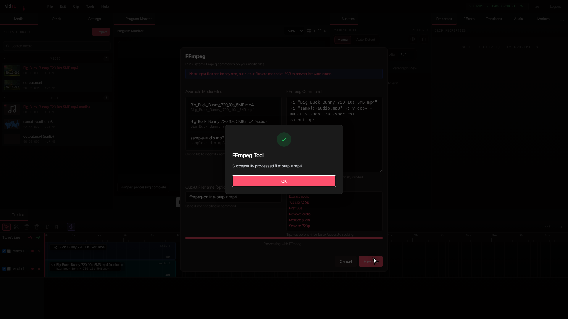 VidTL FFmpeg processing state with visible progress bar