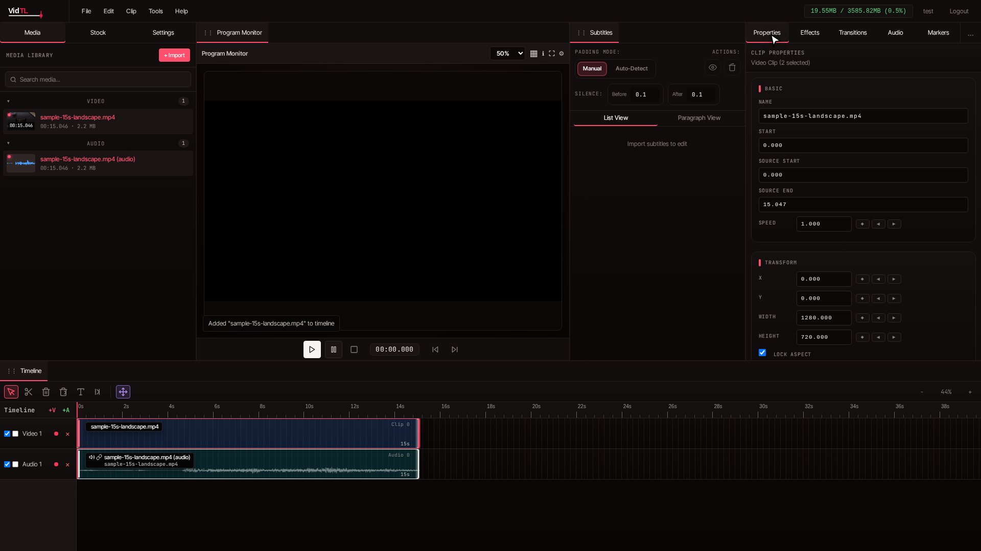 Selected video clip on timeline with properties panel showing details