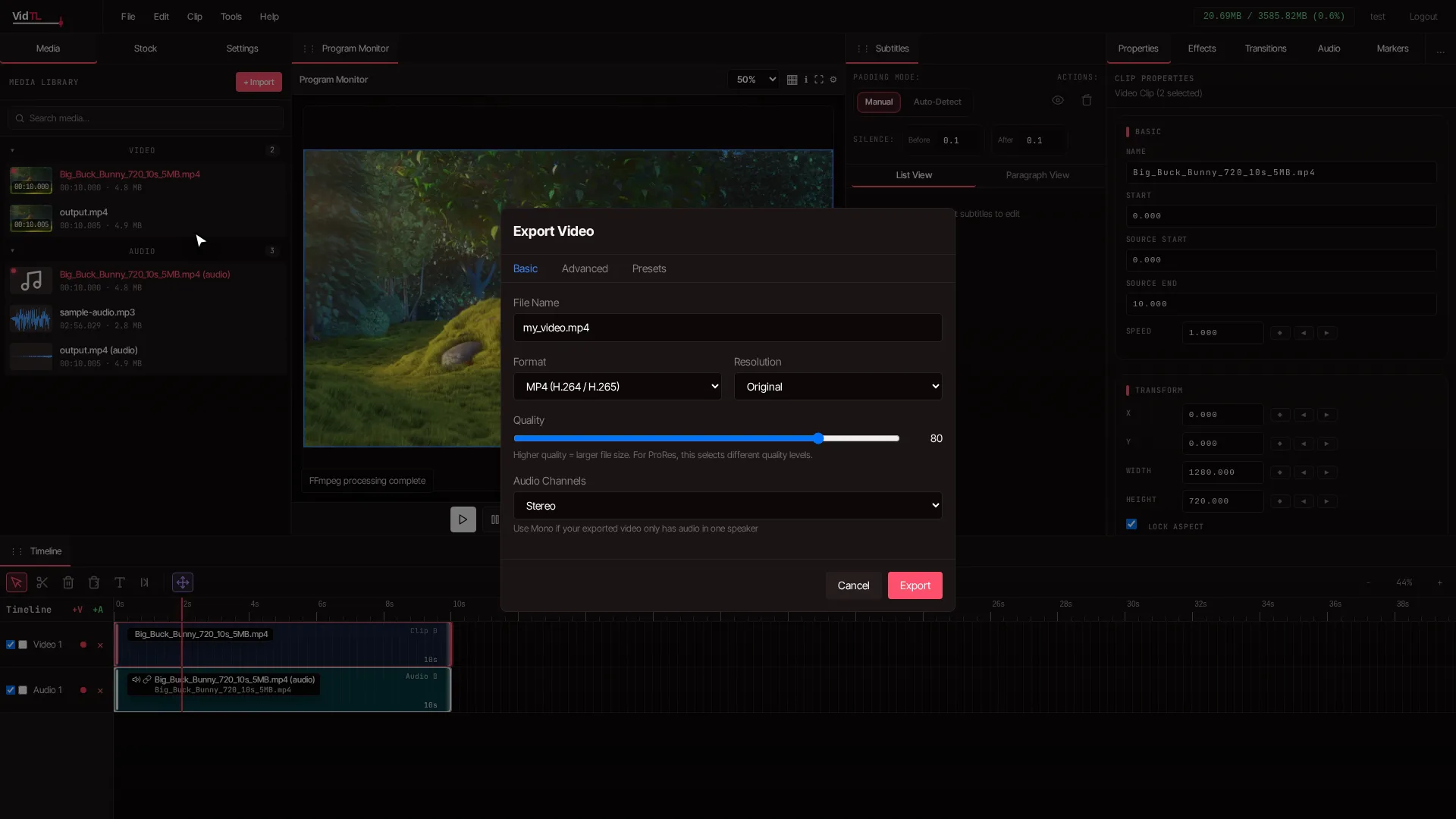 Processed clip loaded into VidTL timeline and preview monitor