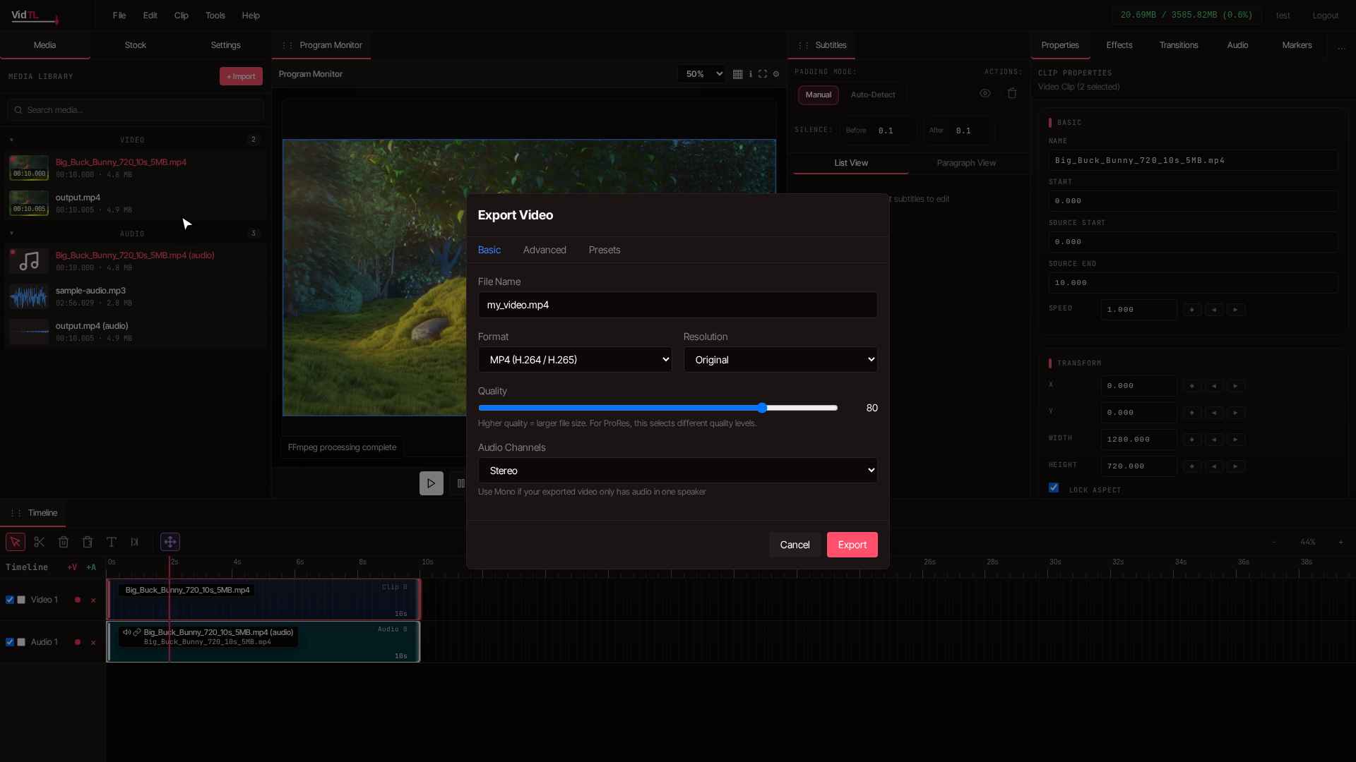 Processed clip loaded into VidTL timeline and preview monitor