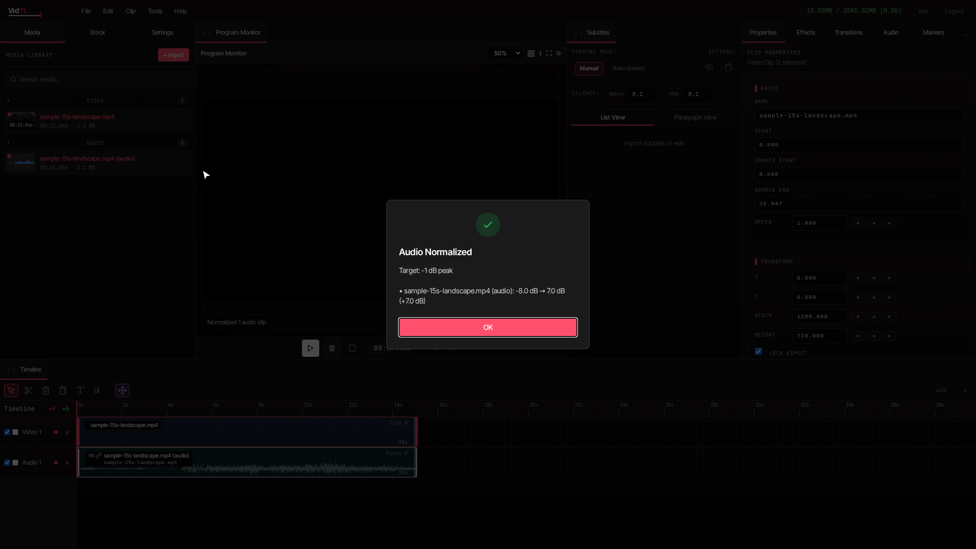 VidTL Tools menu opened with Normalize Audio option visible