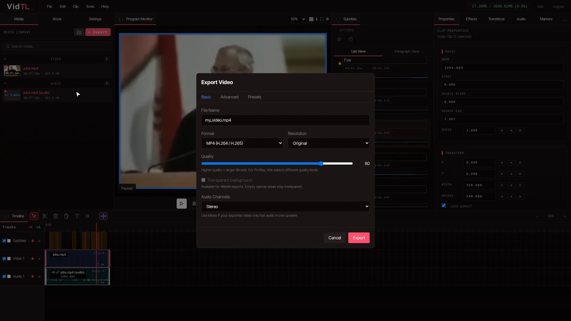 Export video dialog with caption settings and render progress