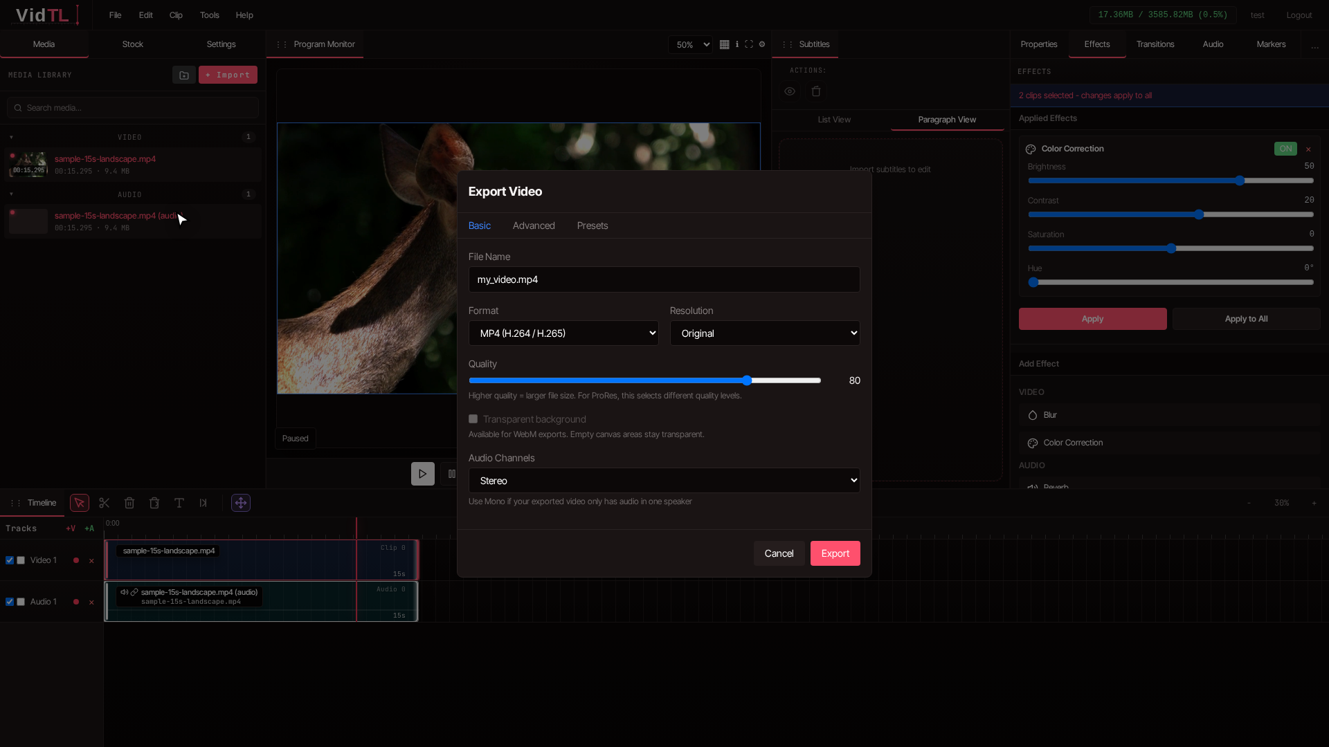 Export settings modal in VidTL after brightness adjustment is complete