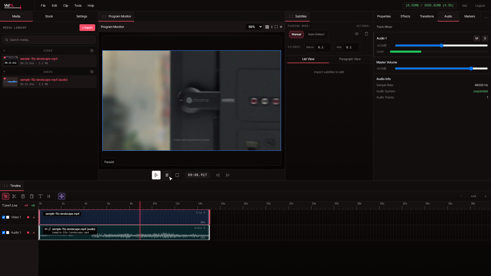 Previewing normalized audio with audio mixer panel showing volume levels