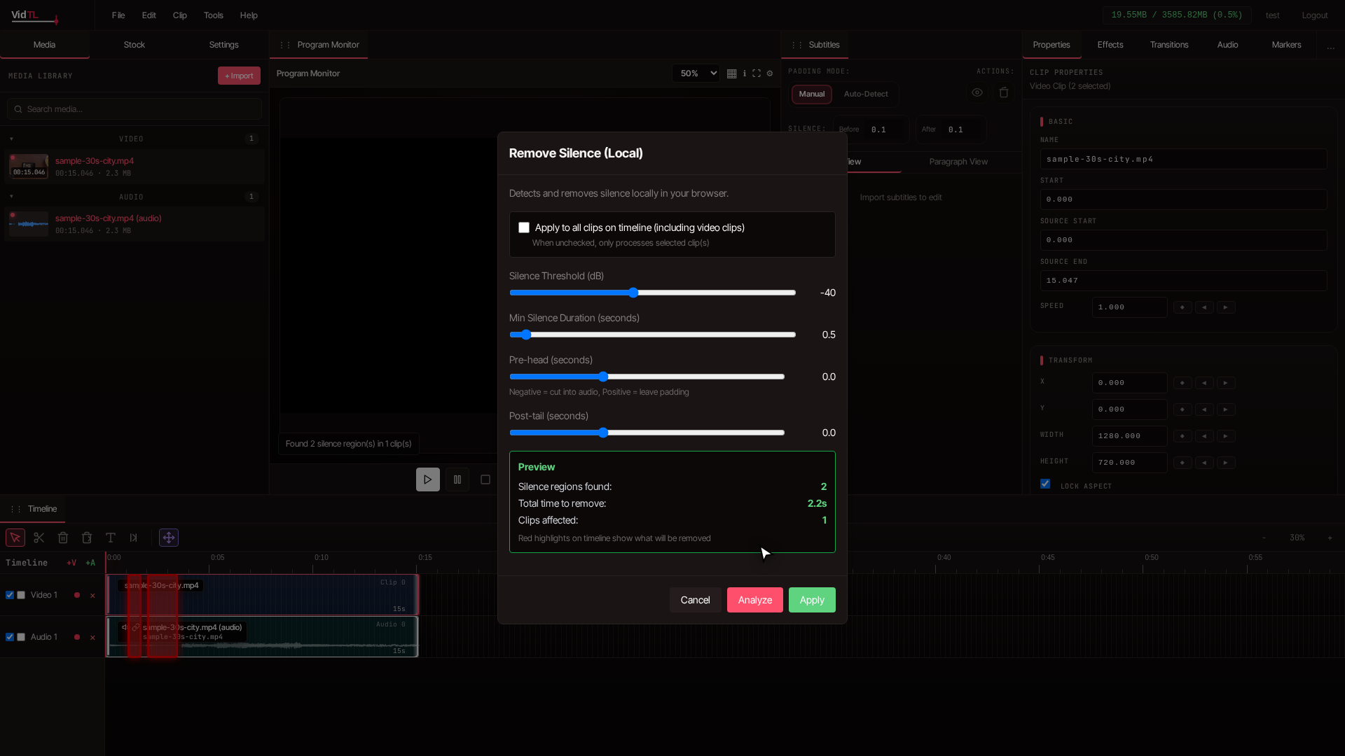 Silence analysis complete showing preview statistics and red timeline highlights