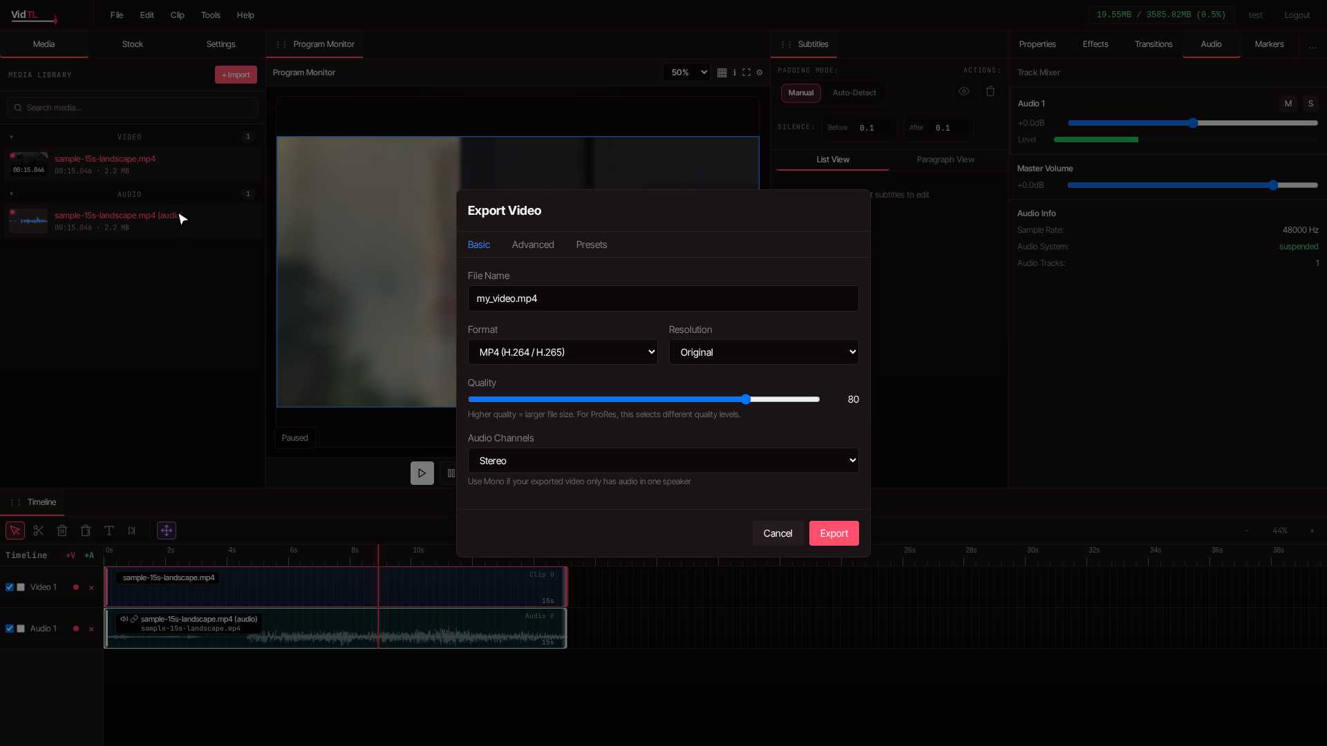 VidTL export dialog with video settings ready for download