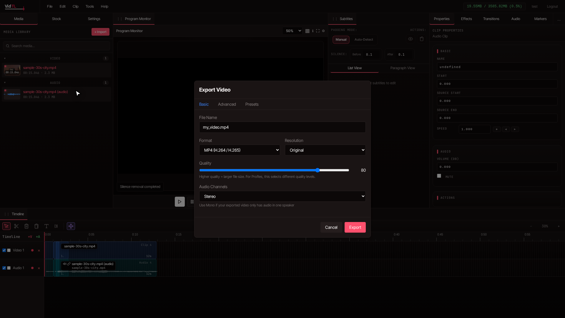 Export Video option in File menu highlighted for final video download