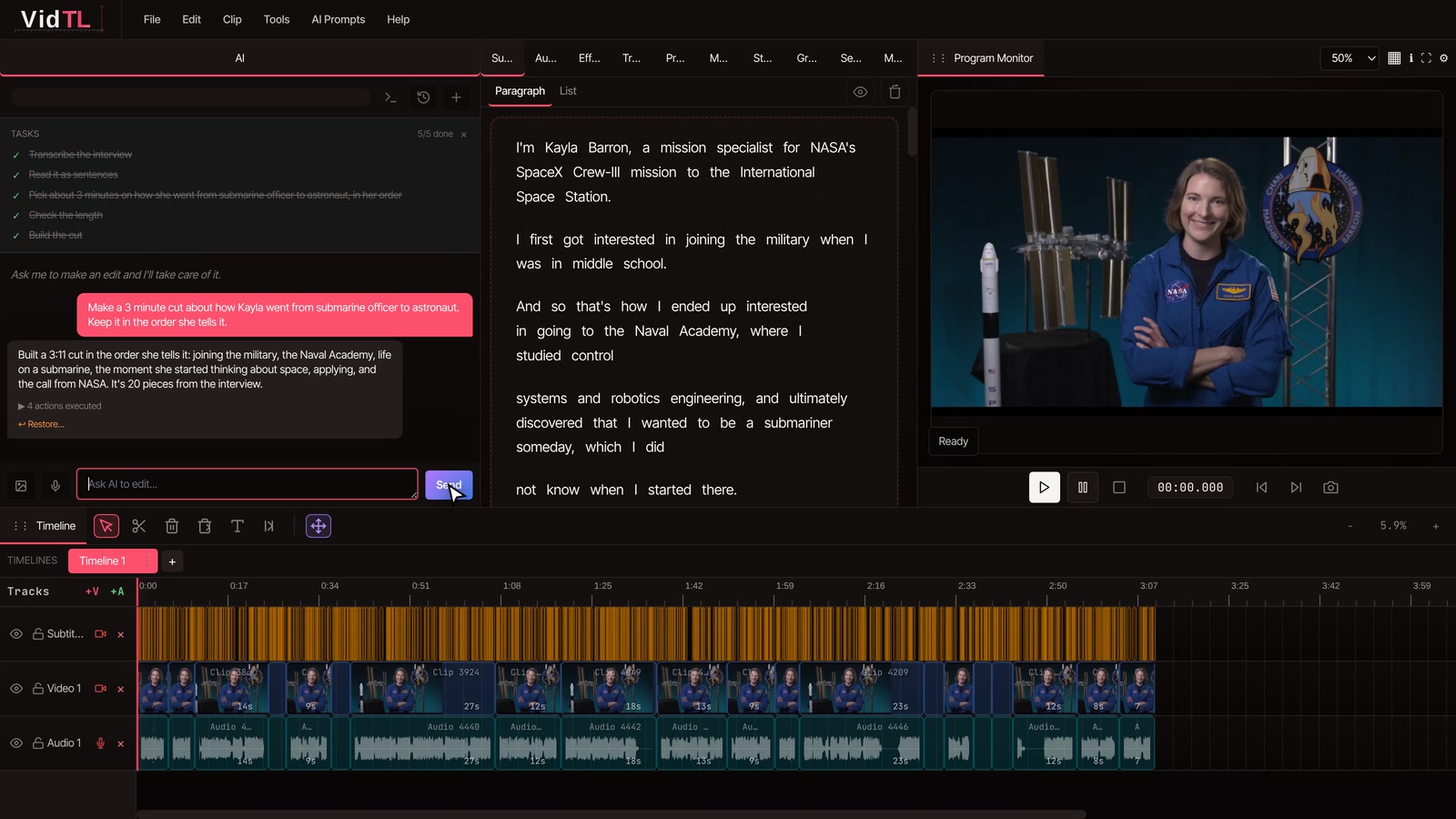 The AI assistant's first rough cut of the interview on the timeline