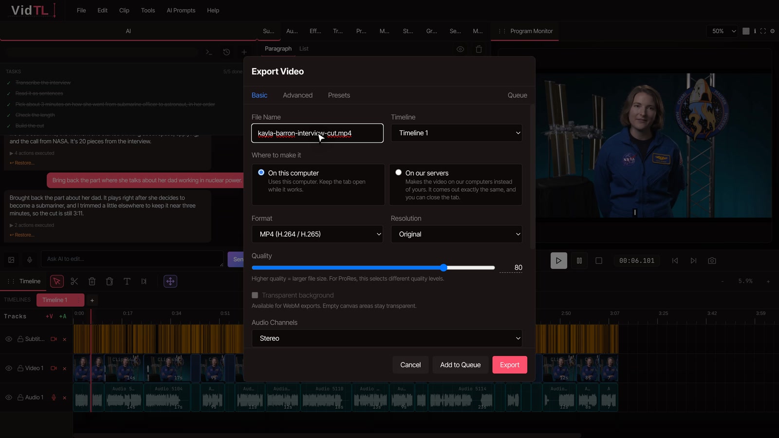 Export window ready to save the finished interview cut