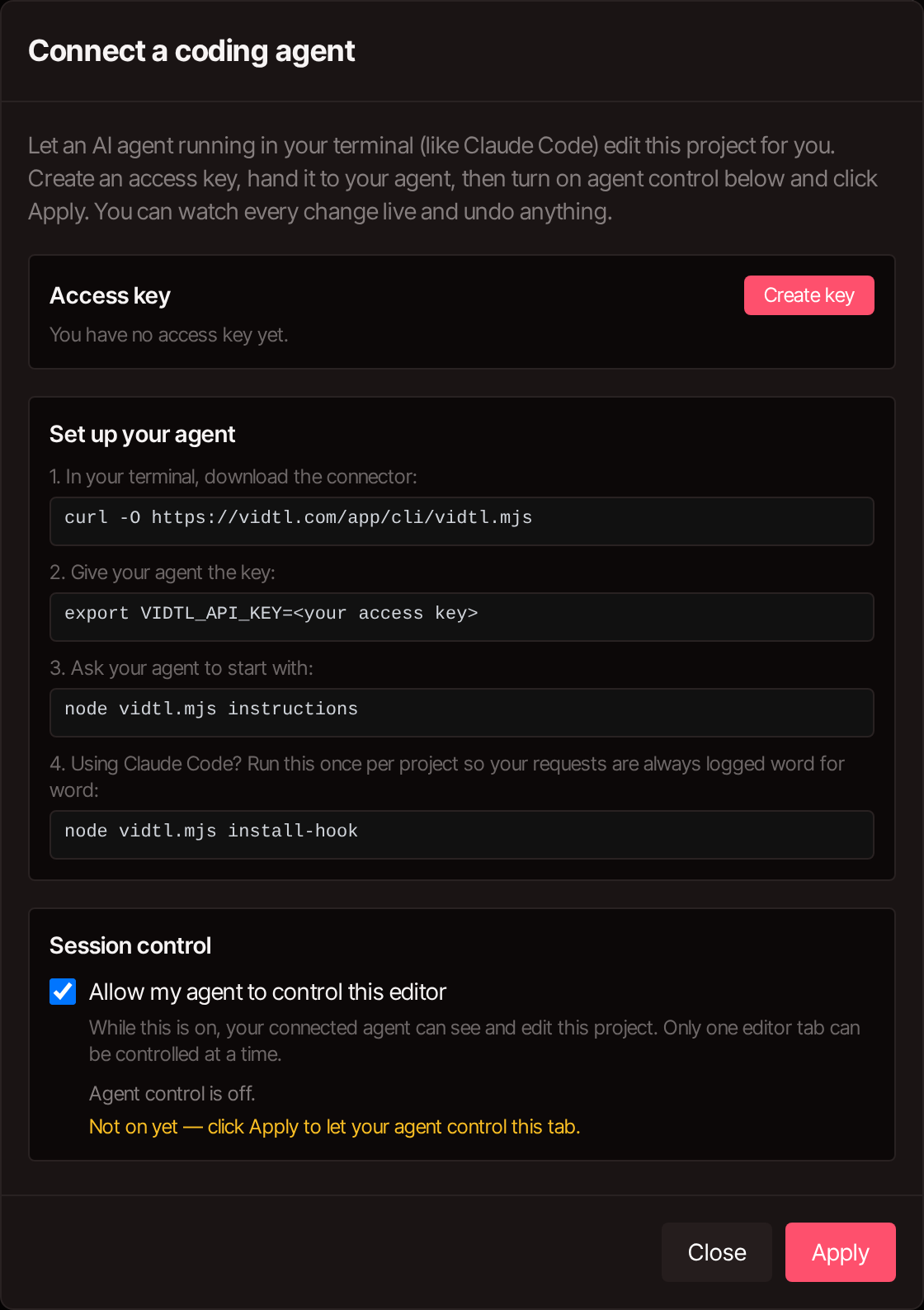 The Connect a coding agent window in VidTL showing the CLI access key, the setup commands, and the agent control switch